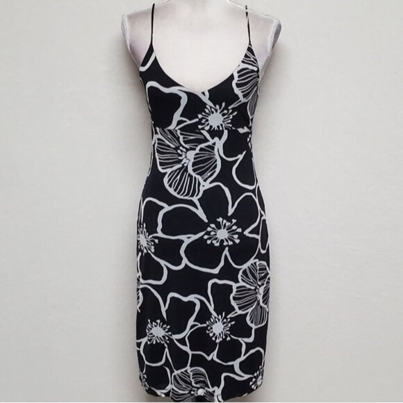 80s Rare Vintage Guess Black White Abstract Ditsy Floral Stretchy Mini Dress L - Picture 4 of 15